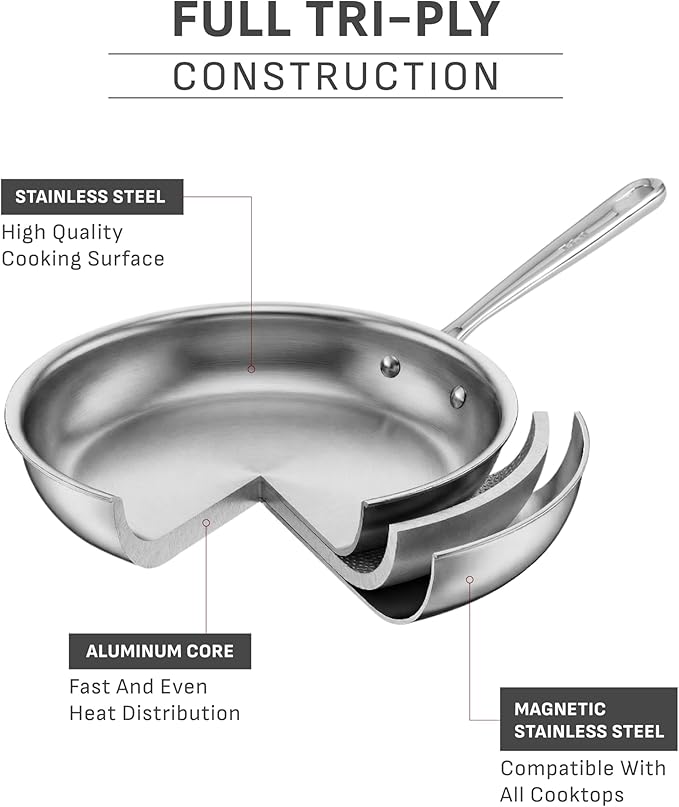 T-fal Pro Tri-Ply Stainless Steel Cookware Set 13 Piece Induction Compatible, Oven Safe 500F, Lids 350F, Fast & Even Heat, Pots and Pans Set, Professional Quality, Kitchen Essentials, Silver