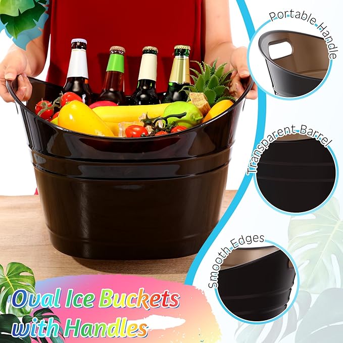 meekoo 6 Pcs Plastic Ice Buckets Bulk with Handles 4.5L Oval Storage Tub Large Capacity Ice Drink Bucket for Easter Summer Party Bar Wine Beer Champagne Beverage Bottle Cooler(18 L,Black)