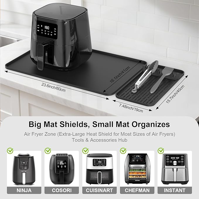 Silicone Heat Resistant Mats for Countertop,24x16 Inch Air Fryer Mat with Kitchen Accessories Holder Pad for Microwave/Oven,Compatible with Ninja/Cosori/Chefman/Toshiba,Kitchen Countertop Protector