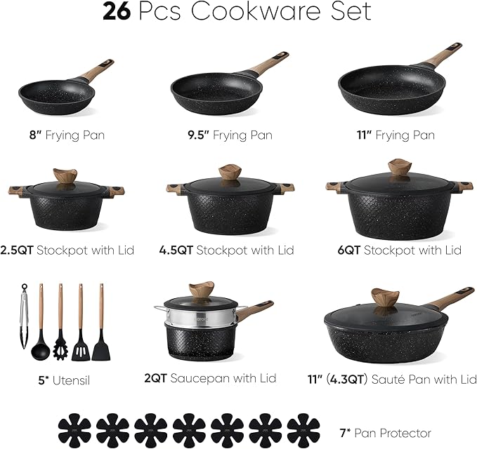 CAROTE 26PCS Pots and Pans Set Non Stick, Cookware Set Pots and Pans Induction Cook Ware, Nonstick Kitchen Cooking, PFOA Free, Black