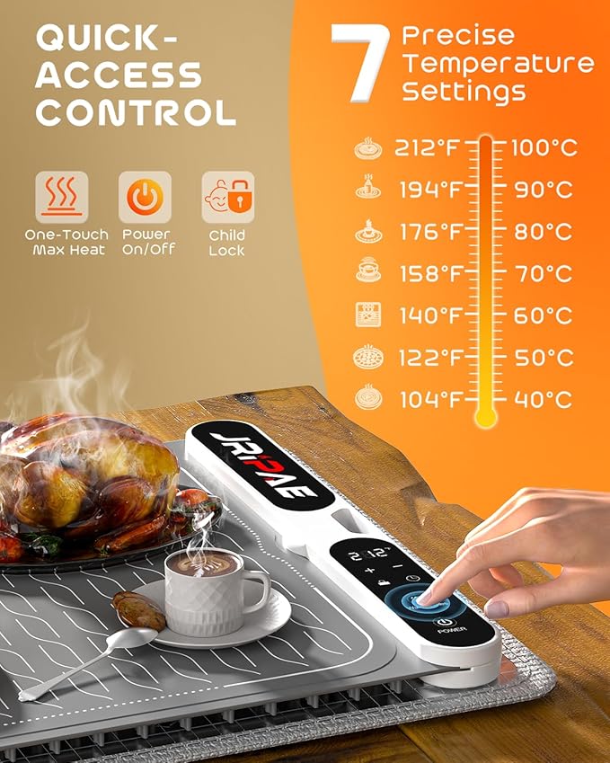 Warming Mat for Food, Fast Heating Silicone Electric Warming Tray with Heat Resistant Pad Protects Table,7 Level Temp, 8H Timer, Portable & Rollable Food Warmers for Parties Buffet, Daily Use