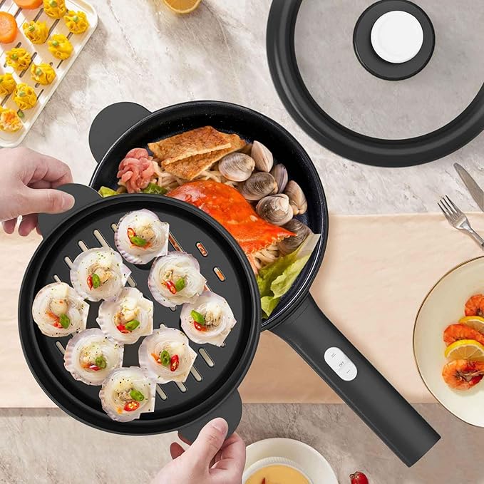 Dezin Hot Pot Electric, 2L Non-Stick Sauté Pan, Rapid Noodles Cooker, Mini Portable Pot for Steak, Egg, Fried Rice, Ramen, Oatmeal, Soup with Power Adjustment & Spatula, College Dorm Room Essential