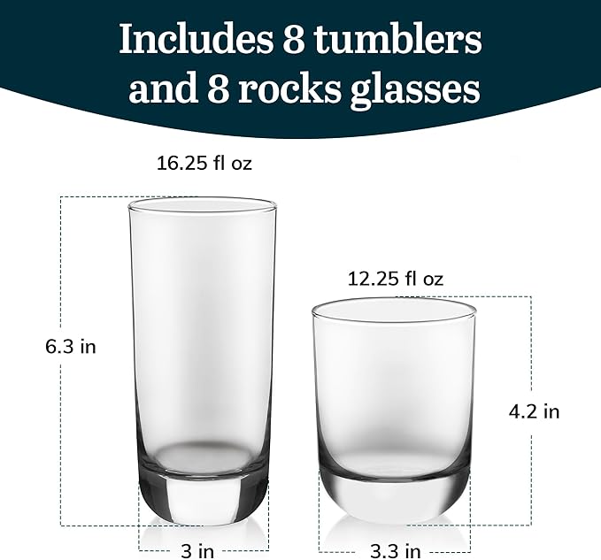 Libbey Drinking Glasses Polaris Tumbler and Rocks Set of 16, Clear, Sturdy Drinkware Glasses Set, Kitchen Glassware for Cocktails, Soda, and More
