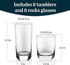Libbey Drinking Glasses Polaris Tumbler and Rocks Set of 16, Clear, Sturdy Drinkware Glasses Set, Kitchen Glassware for Cocktails, Soda, and More