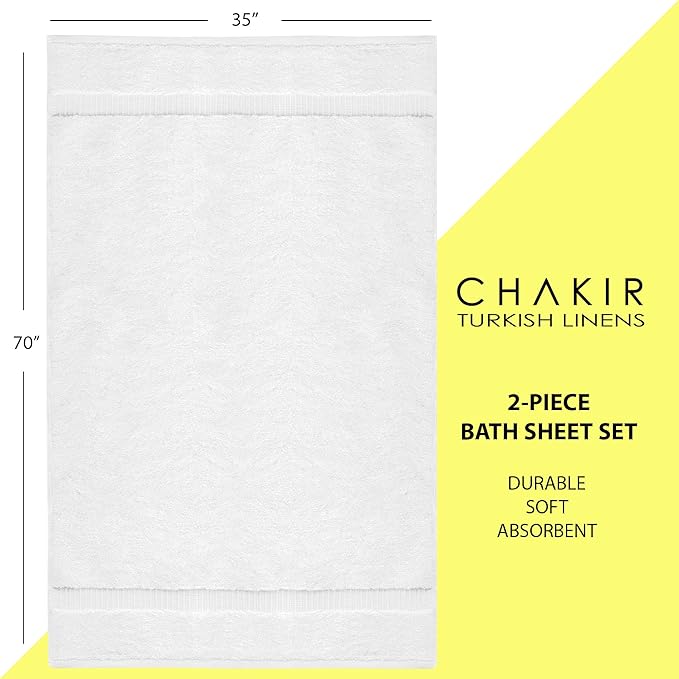 Chakir Turkish Linens, 100% Cotton Premium Quality Turkish Bath Sheets (35''x70'' Large Bath Sheet Towels - White)