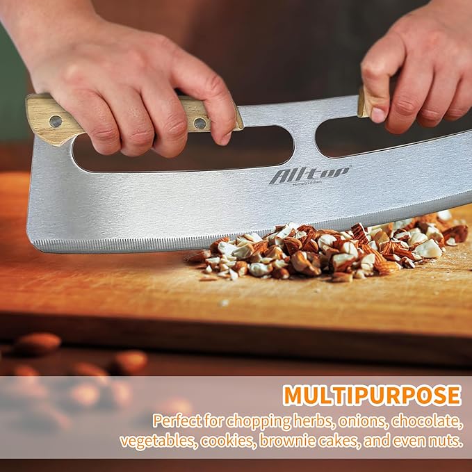 ALLTOP Pizza Cutter Rocker,Stainless Steel Blade Knife With Double Wooden Handle & Plastic Cover, Large Pizza Slicer/Chopper, Essential Kitchen Tool -14 In