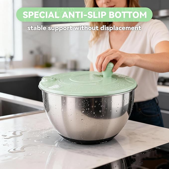 Stainless Steel Salad Spinner,Lettuce Spinner with Non-Slip Base,Vegetables Wash Bowl,Egg Yolk Strainer Slicer Shredder,A Variety of Blades Make it Easy to Chop, BPA Free,Dishwasher Safe.