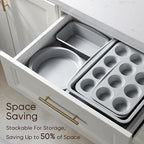 CAROTE 7-Piece Nonstick Stackable Baking Pans Set - Bakeware Sets Including Cookie Sheets for Baking, Muffin Pan, Bread Pan, Cake pan, Loaf Pan, Roasting Pan, Gray & Blue