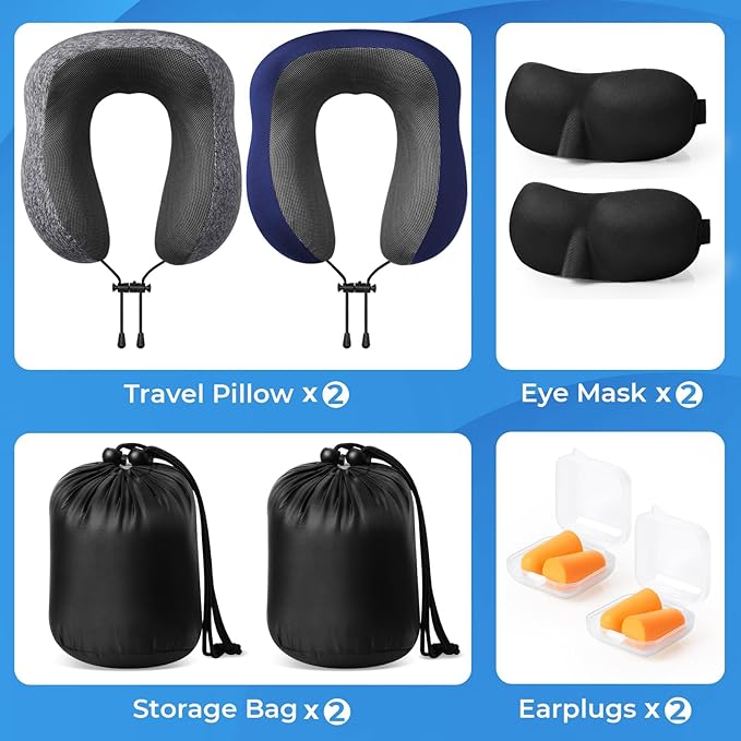ExploreBliss Travel Pillow, 2 Pack Travel Pillows for Sleeping Airplane, Neck Pillow Airplane, Memory Foam Neck Pillow Set with Eye Mask, Earplugs and Storage Bag -Grey & Blue