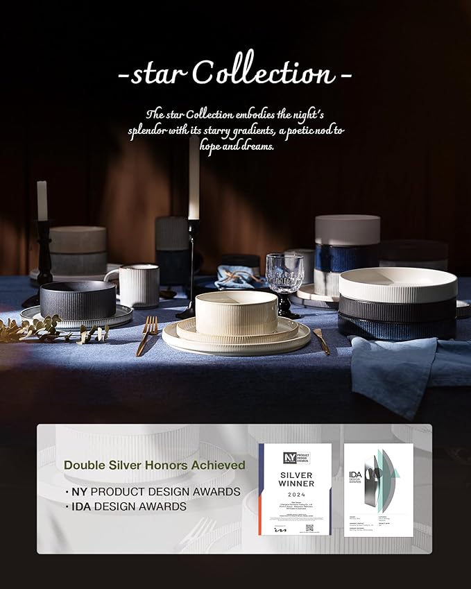 Famiware Star Dinnerware Set with Pasta Bowls, Service for 6 (24 Pieces), Ribbed Stoneware Plates and Double Bowls Sets - Chip & Scratch Resistant, Microwave & Dishwasher Safe Dishes, Cappuccino White