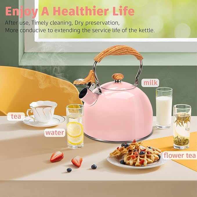 Tea Kettle,Whistling Tea Kettle Stovetop 2.6 Quart, Tea Pots for Stove Top Food Grade Stainless Steel,Wood Pattern Handle(Pink),With Anti Scald Towel