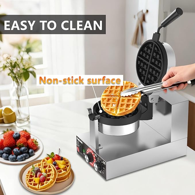 Belgian Waffle Maker, 110V Industrial Waffle Maker w/Non-Stick Coating and Adjustable Temperature (122-572°F), 1200W Rotary Commercial Waffle Machine w/Timer, Restaurants and Food Trucks