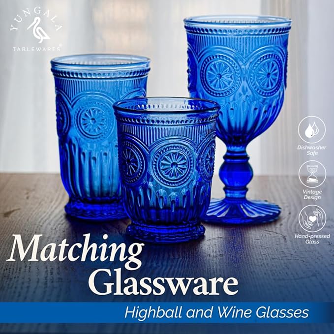 Cobalt Blue Glassware drinking glasses Set of 6, Handcrafted 8-Ounce Cups with Vintage Sunflower Pattern, Sturdy Lead-Free, Dishwasher Friendly blue drinking glasses with matching highball and goblets