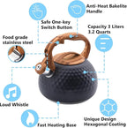 Tea Kettle Stovetop, 3.2 Qt Stainless Steel Whistling Kettle for Stove Top, Food Grade Teapot with Wood Pattern Handle for Coffee, Milk etc, Gas Electric Applicable (Black)