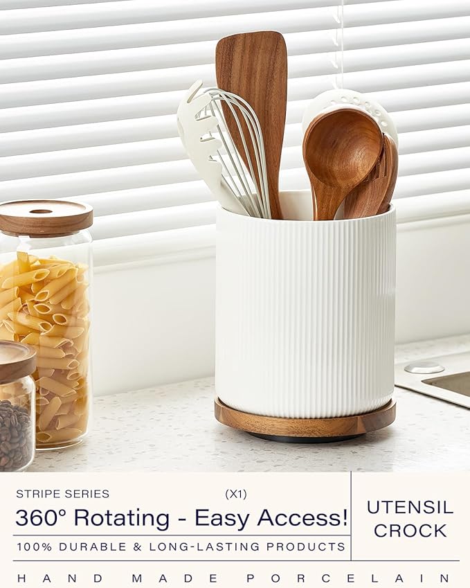 getstar Large Kitchen Utensil Holder for Kitchen Counter (H7.2” x W6.2”), Ceramic Cooking Utensil Holder with Cork Mat (White, Large(7.2") with Rotating Base)