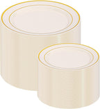 I00000 200 Pcs Gold and Ivory Plastic Plates, Ivory Disposable Party Plates Include 100 Dinner Plate 10’’ and 100 Plastic Dessert Plate 7’’ Perfect for Birthday, Party & Wedding