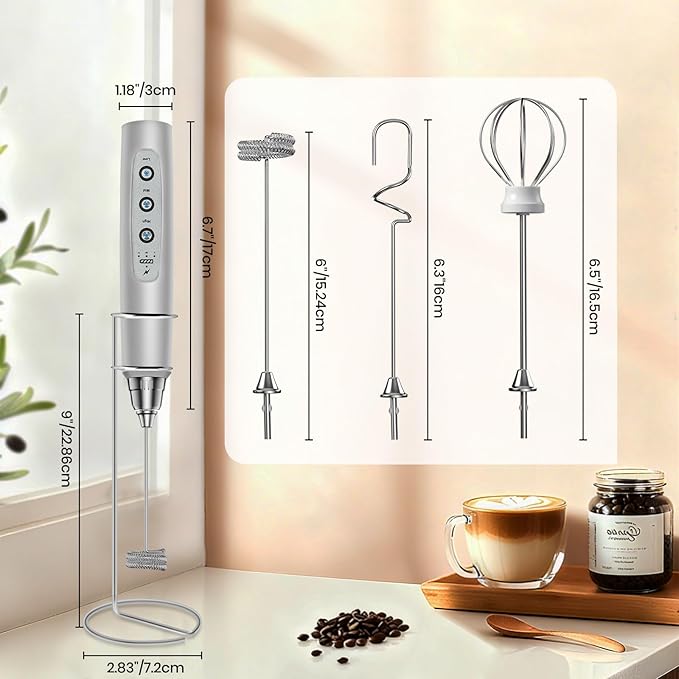 Colarlemo Milk Frother Handheld Rechargeable with Stand, Frother Wand Drink Mixer Electric Whisk for Coffee, Detachable With 3 Stainless Whisks, Hand Mixer for Lattes, Cappuccino, Matcha, Egg, Silver