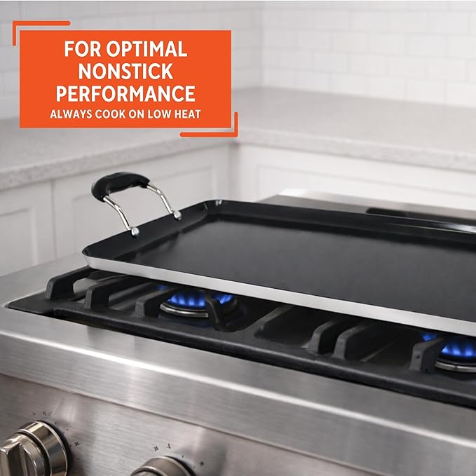 IMUSA 19x12in Aluminum Black Ceramic Double Burner Griddle with Cool-Touch Handles, Nonstick Flat Grill Pan for Pancakes, Eggs, Bacon, and More, Black