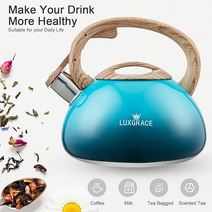 s-p Teapot Whistling Tea Kettle with Wood Pattern Handle Loud Whistle,Food Grade Stainless Steel Tea Pot for Stovetops Water Kettle(Blue)