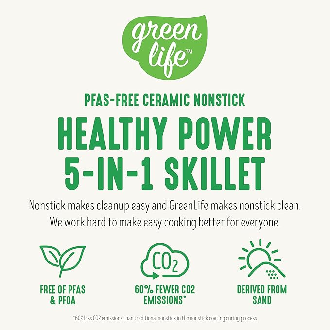 GreenLife 12" 5QT Square Electric Skillet, Glass Vented Lid, Ceramic PFAS-Free Nonstick Coated Interior, Adjustable Temperature Control, Cool Touch Handles, Quick Even Heating, Scratch Resistant, Blue