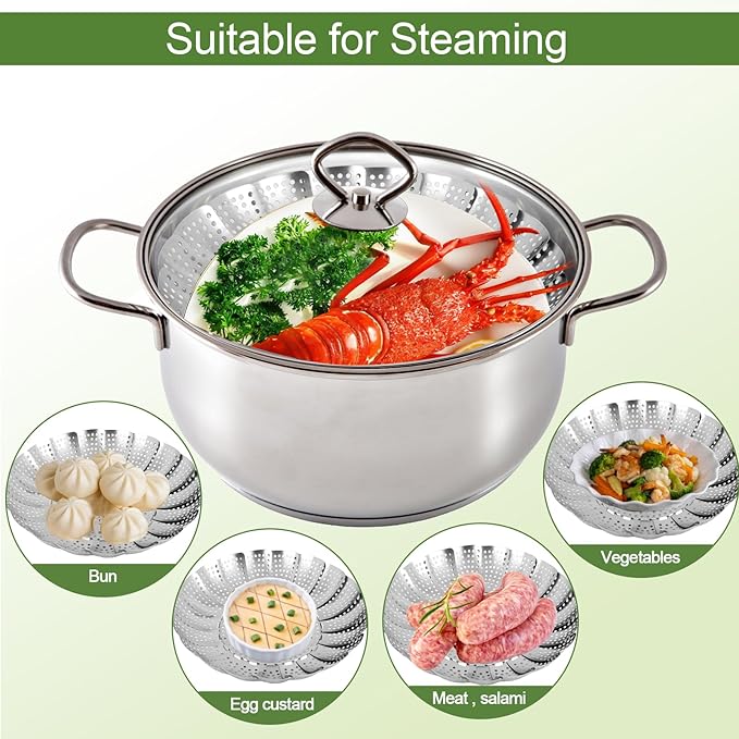 Steamer Basket for Cooking – Premium 304 Stainless Steel Steamer Basket, 3rd Gen Folding Expandable Steamers, Suitable for Cookware Pot, Fit for Fish Vegetables Pasta Eggs (Large (6.49“ to 10.82”))
