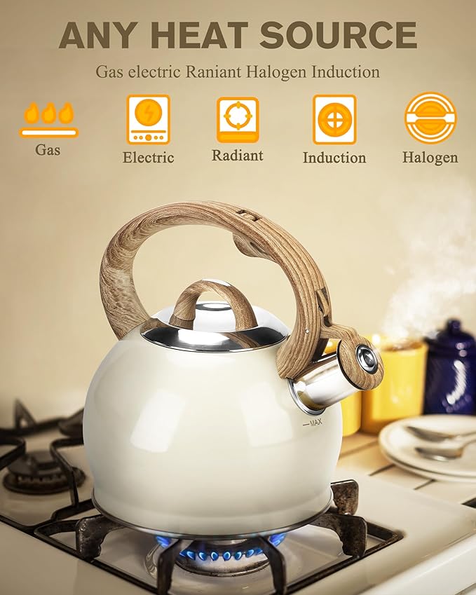 Hauce Radio Teapot for Stovetop, 2.1 Quart Stove Top Whistling Tea Kettle, Teapot Kettles with Food Grade Stainless Steel and Wood Pattern Folding Handle, Suitable for All Heat Sources