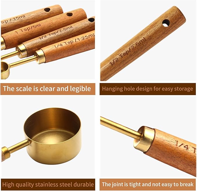Gold Measuring Cups and Spoons Set of 4, Golden Stainless Steel Measuring Cups with Wooden Handles brass Measuring Spoons Set for Baking Supplies