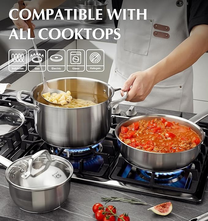 KOCH SYSTEME CS Stainless Steel Pots and Pans Set, 10 Piece Stainless Steel Cookware Set for Professional Cooking, Kitchen Cookware Sets, Induction Compatible Cookware Set 10 Pcs, Pots and Pans