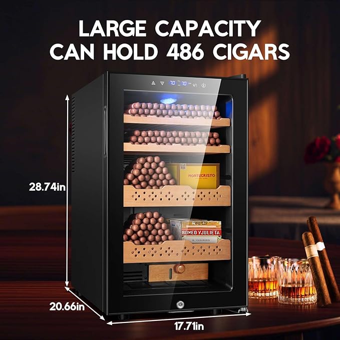 Tylza Electric Cigar Humidor Cabinet 70L, Electric Humidors for Cigars with Temp & Humidity Control, Digital Hygrometer, Lock, Refrigerator, Cigar Humidors with Cedar Wood Drawer Shelves, 486 Cigars