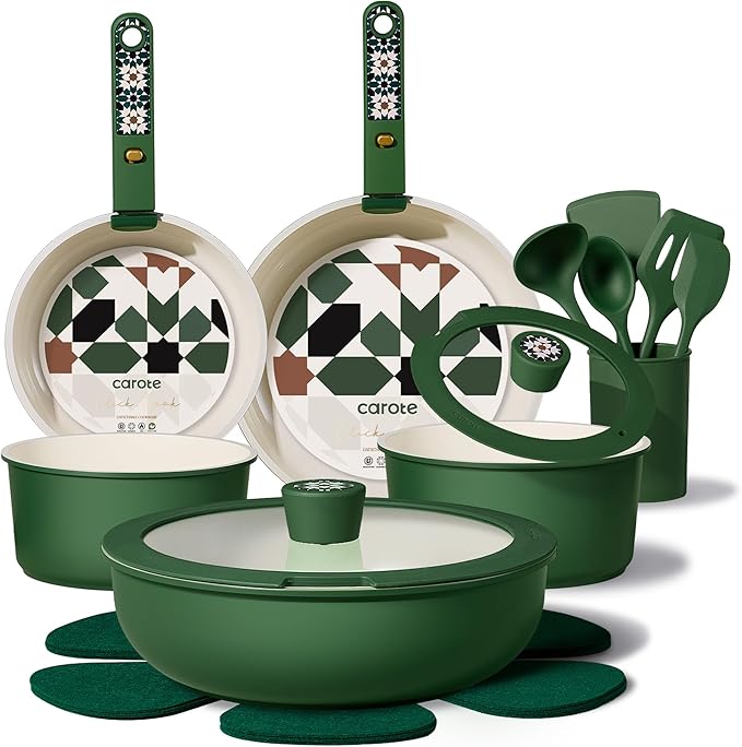 CAROTE 19Pcs Ceramic Cookware Set, Pots and Pans Set Non stick, Non Toxic Cookware Detachable Handle, Kitchen Cooking Set - Induction Cookware, Dishwasher/Oven Safe, PFAS Free, Green