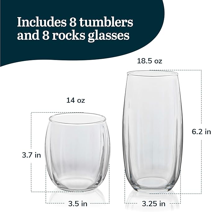 Libbey Samba Tumbler and Rocks Glasses Set of 16, All Purpose Everyday Drinking Glasses Set, Dishwasher Safe Kitchen Glassware Set for Holidays Events