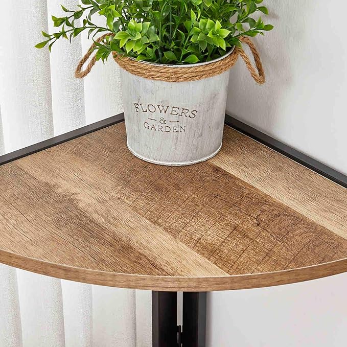 FATORRI Tall Corner Shelf, Industrial Corner Bookshelf, Wood and Metal Corner Shelf Stand for Living Room, Rustic Display Plant Stand for Home Office (Rustic Oak)