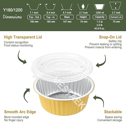 7" Deep Round Aluminum Foil Pans with Lids (5 Pack), Heavy Duty Grease-Resistant Foil Containers for Baking, Heating, Meal Prep & Food Storage, 2.7" Depth, 40oz
