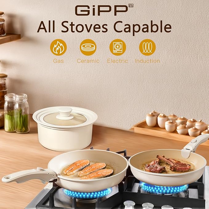 GiPP Ceramic Pots and Pans Set Non Stick, Nonstick Detachable Handle Cookware Sets, Healthy Non Toxic PFAS PFOA & PTFE Free, Dishwasher ＆Oven Safe, Induction Kitchen Pot and Pan, 15 Piece Cream