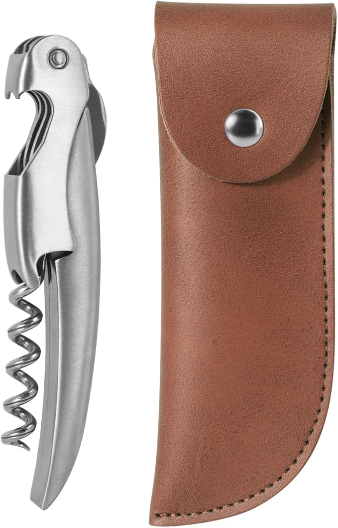 Sleek Waiter’s Corkscrew by ELMWAY - Stainless Steel Manual Wine Opener with Foil Cutter & Beer Bottle Opener, Durable Wine Key with Genuine Leather Case & Gift Box for Wine Lover