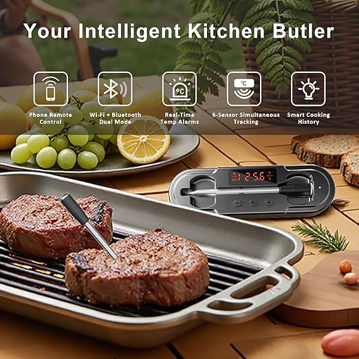 Smart Bluetooth Wireless Meat Thermometer | NIST ±0.5°F Accuracy | 10X Enhanced Sub-1G Signal & Stability | Standalone Display Base | WiFi Long-Range Thermometer for BBQ, Grill, Smoker, Oven, Kitchen