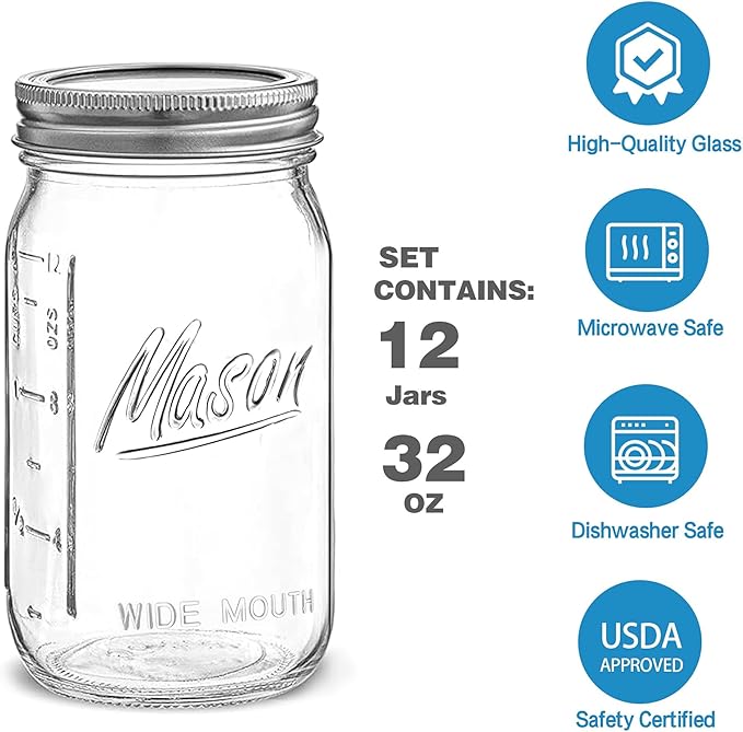 Esrentle Wide Mouth Mason Jars 32 oz - 12 Pack Large Glass Mason Jars with Airtight Lids and Bands, 1 Quart Glass Jars for Pickling, Canning, Fermenting and Food Storage, Microwave & Dishwasher Safe