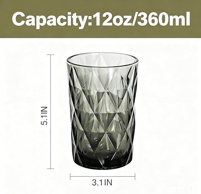 Bandesun Drinking Glass set of 6 Diamond Pattern Kitchen Glassware Tumbler（12 OZ Gray），for Water，Cocktail，Milk，Juice and Beverage.