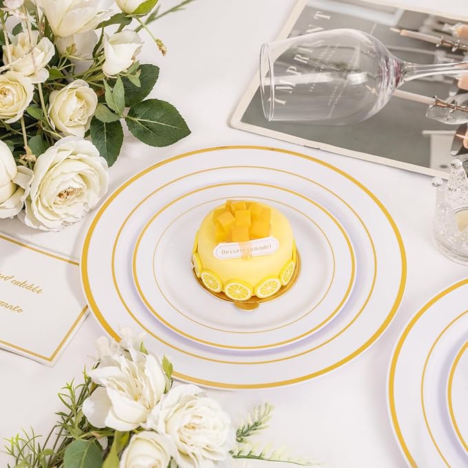 NOCCUR 200PCS Gold Plastic Plates - 100 Dinner / 100 Dessert Disposable Plates Heavy Duty - Ideal for Wedding/Party/Christmas