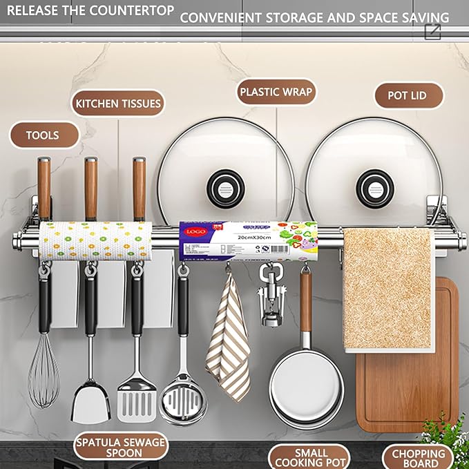 Hanging Wall Mount knife Wall Mount, Kitchen Organizer Storage Shelf for Utensils Spatula Spoon, Space-Saving Knife Rack with Hooks,Wall-Mounted Utensil Holder (Silver, 60CM+Three Poles+10Hooks)