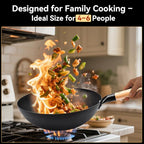 WANGYUANJI 12.6 Inch Flat Bottom Iron Wok with Glass Lid and Wooden Handle, Non-Coated, Naturally Nonstick Stir Fry Pan for Gas, Electric & Induction Stovetops