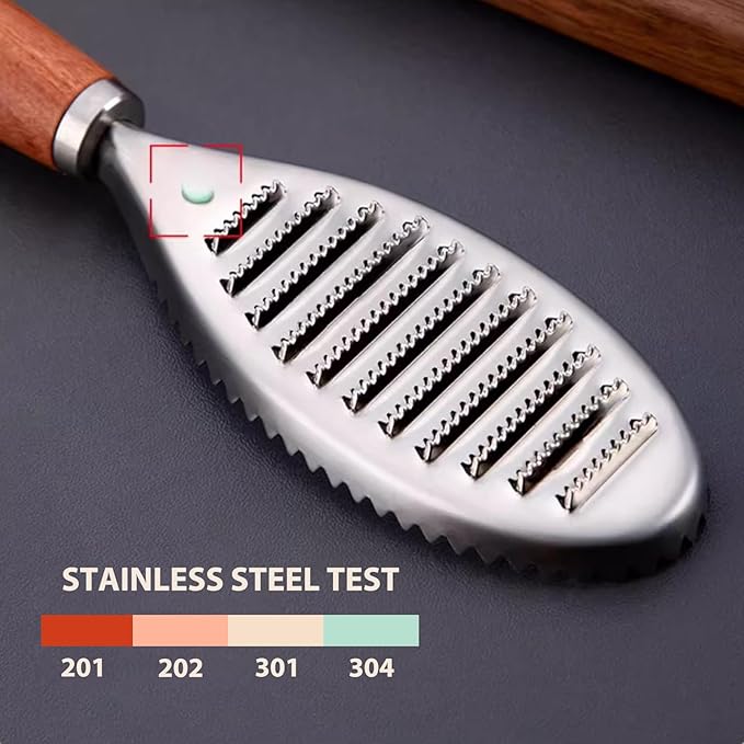 Stainless Steel Fish Scale Remover, Manual Fish Scaler with Wood Handle, Fish Cleaning Tool, Built-in Ginger Garlic Grater, Descale Kitchen Gadgets