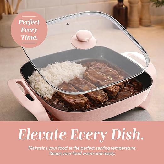 COOK WITH COLOR Electric Skillet - 12" x 12" Ceramic Nonstick Pan, PFAS-Free, 1400W, Tempered Glass Lid, Variable Temperature, Removable Heating Probe, Cool-Touch Handles, Blush