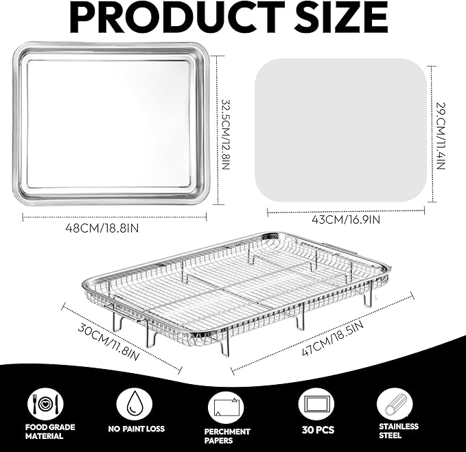 18.7" X 12.8" Extra Large Air Fryer Basket for Oven, Oven Air Fryer Basket and Tray Set With 30PCS Parchment Papers, Stainless Steel Air Fryer Pan and Crisper Tray for Frying Baking