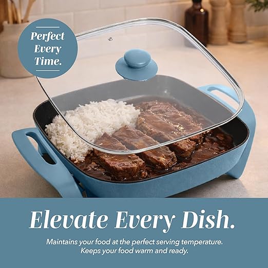 COOK WITH COLOR Electric Skillet - 12" x 12" Ceramic Nonstick Pan, PFAS-Free, 1400W, Tempered Glass Lid, Variable Temperature, Removable Heating Probe, Cool-Touch Handles, Slate Blue