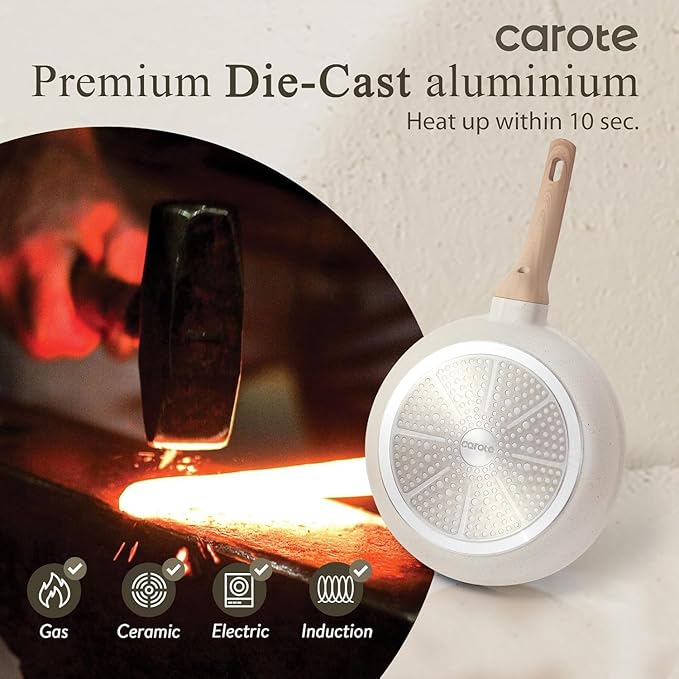 CAROTE Non Stick Frying Pan Skillet Set, Omelet Pan, Healthy Non Toxic Granite Chef Pan, Induction Compatible Egg Frying Pan with Heat-Resistant Handle, PFOA-Free,Cream White,8"+10"+12"