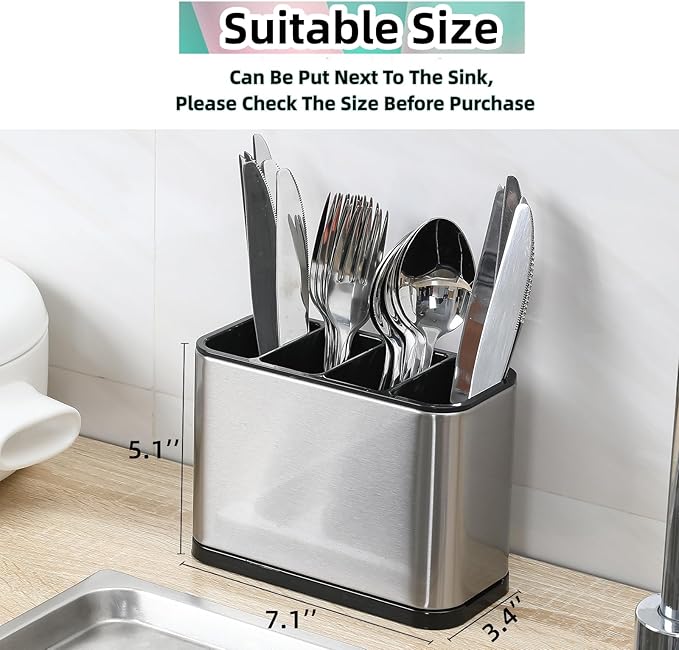 Utensil Holder,Stainless Steel Caddy Counter,Spoon holder,4 Compartments Silverware Caddy,Capacity Flatware Spoon Fork Tool Cutlery Holder（Silvery）