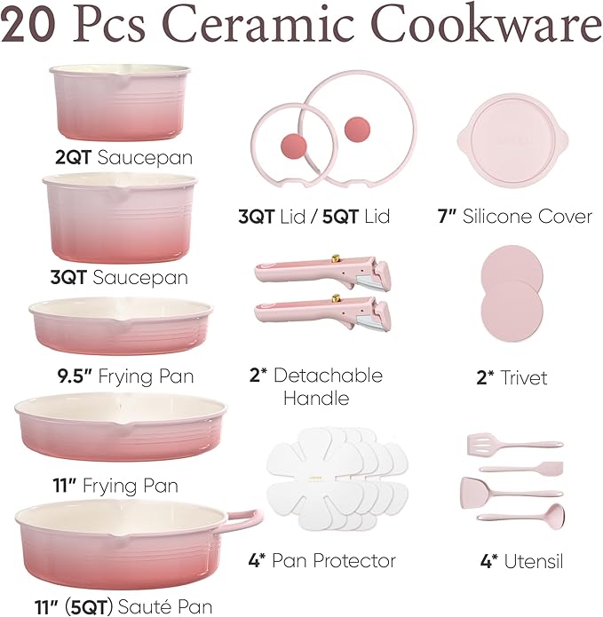 CAROTE 20Pcs Titanium Cookware Set, Pots and Pans Set Non Stick, Kitchen Cooking Set with Detachable Handle, Non Toxic Induction Cookware, Dishwasher/Oven Safe Pink