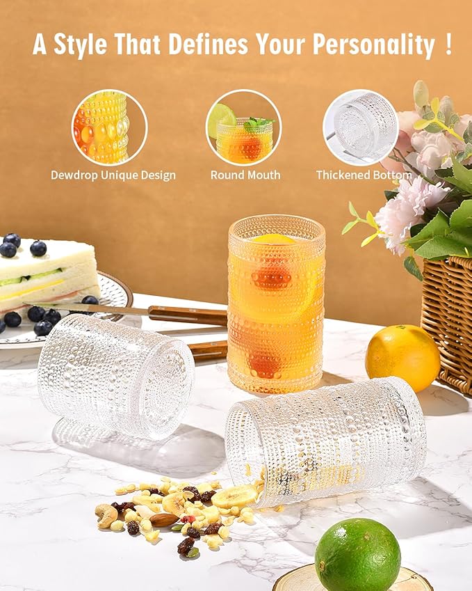 ISMASOAN Vintage Hobnail Drinking Glasses Set of 8, Cocktail Glasses 14 oz and 12 oz, Cups for Kitchen, Beaded Glassware, Highball Glasses for Whiskey, Juice, Water, Beer