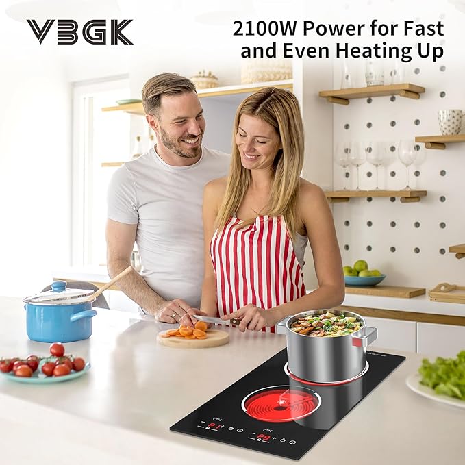 VBGK Electric Cooktop,12 Inch Built-in Radiant Electric Stove Top,110V 2100W 2 burner cooktop With 9 Heating Level, Timer & Kid Safety Lock, Sensor Touch Control 2 burner Induction Cooktop